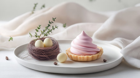 An artful display showcases a pastel pink meringue cloud, a lavender mousse dome, and a mini lemon tart topped with a chocolate nest holding almond eggs. Fresh thyme adds freshness.の写真素材