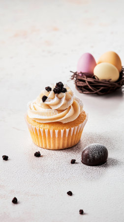 A fluffy vanilla cupcake with cream swirl and powdered sugar sits beside a pink glazed tart and a...