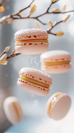 Delicately hand-painted pastel-hued macarons float above a polished marble surface, with soft lighting creating a dreamlike atmosphere. Subtle gold accents and crumbs add refined elegance.の写真素材