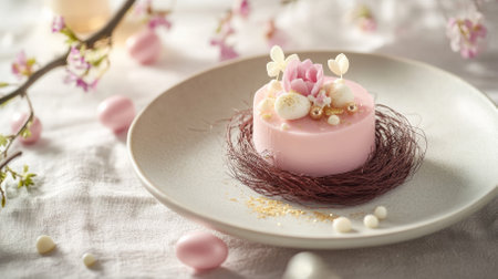 A beautifully crafted dessert featuring layers of airy mousse encased in a velvety glaze, adorned with Easter decorations and set on a refined dining table for a festive occasion.の写真素材