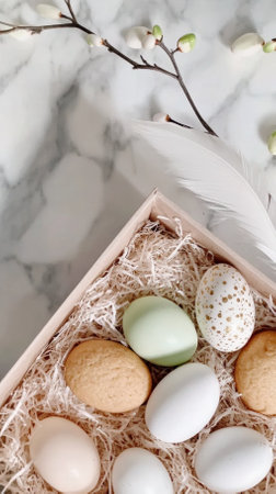 A beautifully curated Easter hamper showcases gluten-free cookies with pastel icing, white chocolate truffles, and almond confections. Soft light creates an inviting atmosphere.の写真素材