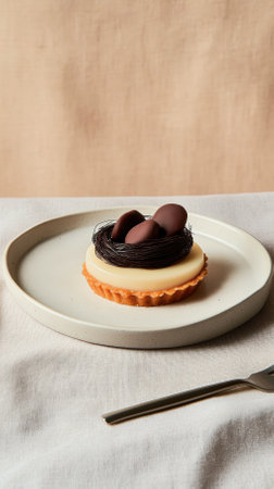 A beautifully plated mini lemon tart showcases a glossy glaze and a dark chocolate nest, filled with pastel almond dragees. The setting features soft natural light and a pale lavender cloth.の写真素材