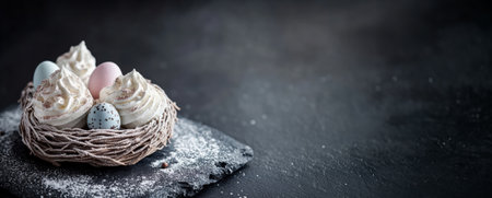 Elements of texture and contrast emerge with crisp meringue nests showcasing rich vanilla cream and decorated with pastel chocolate eggs, all set against a dark slate background.の写真素材