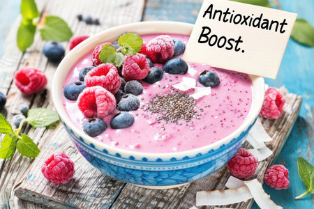 Pink smoothie bowl topped with blueberries, raspberries, chia seeds, coconut flakes and mint leaves, providing a delicious and healthy antioxidant boostの素材