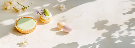 This lovely Easter dessert features a smooth pistachio tart, an almond flour cupcake with cream and pastel eggs, a lavender macaron, and a delicate flower in a quail eggshell.の写真素材