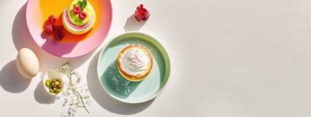 Delicate desserts are served in pastel hues, including a vanilla souffle and a layered mousse. A cracked quail egg adds a gentle rustic charm beside them.の写真素材