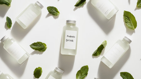 Several probiotic drink bottles are arranged on a white surface, interspersed with fresh mint leaves, creating a visually appealing display that promotes a healthy and refreshing lifestyleの素材
