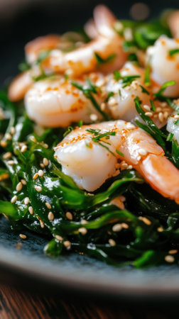 Close up of a vibrant shrimp and seaweed salad, garnished with sesame seeds and fresh herbs. The dish highlights a healthy and nutritious culinary presentation, perfect for seafood enthusiastsの素材