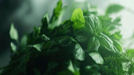 Freshly picked green herbs, including basil, parsley, and dill, are bundled together, creating a vibrant display of aromatic and flavorful ingredients ready to enhance any culinary creationの素材