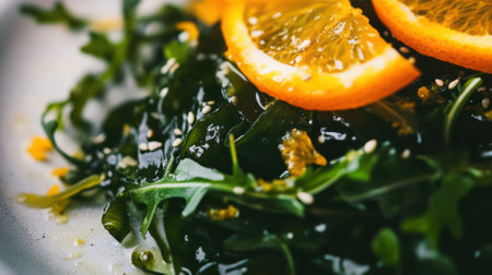 Close up of a wakame seaweed salad, garnished with fresh orange slices, sesame seeds, and a light dressing, creating a vibrant and healthy dishの素材