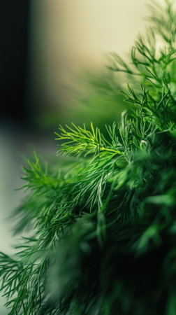 Close up of vibrant green dill leaves, showcasing their feathery texture and fresh appearance. The soft focus background enhances the natural beauty and freshness of the herbの素材