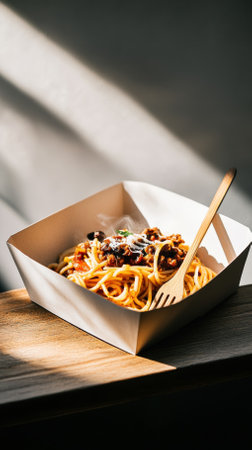 A steaming hot paper box filled with rich Italian pasta sits on a wooden surface. Sunlight casts shadows, highlighting the vibrant dish and its tantalizing aroma wafts invitingly.の素材