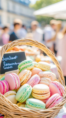 A vibrant basket filled with colorful French macaroons at an outdoor market, showcasing delightful treats and desserts enjoyed by visitorsの素材