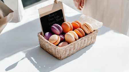 A woven basket filled with colorful French macaroons sits on a table, accompanied by a sign inviting customers to enjoy these delightful sweet treatsの素材
