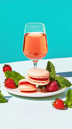 French macaroons are beautifully presented with fresh strawberries and mint leaves alongside a glass of rose wine on a vibrant backgroundの素材