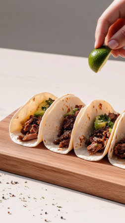 Fresh tacos loaded with flavorful meat and avocado rest on a wooden plate. A hand squeezes lime, adding zesty droplets to the vibrant street food atmosphere of a busy market.の素材