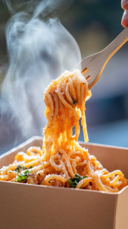 Pasta strands are lifted from a recyclable carton, coated in a rich sauce that drips back into the box. Wisps of steam rise, enhancing the inviting appeal of the freshly prepared dish.の素材