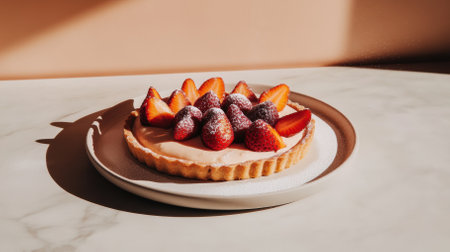 Rustic yet refined strawberry tart showcases a crunchy golden crust filled with delicate pastry cream, topped with plump strawberries.の素材
