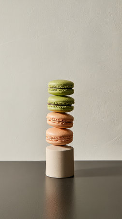 A visually appealing arrangement of colorful French macaroons stacked on a minimalist pedestal, highlighting gourmet dessert artistry and culinary delightの素材