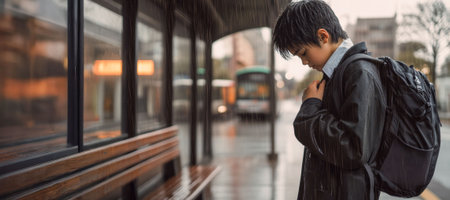 A teenage boy stands alone at an empty bus stop on a rainy day, wearing a school uniform and holding his backpack tightly. His expression is distant, evoking a sense of loneliness.の素材
