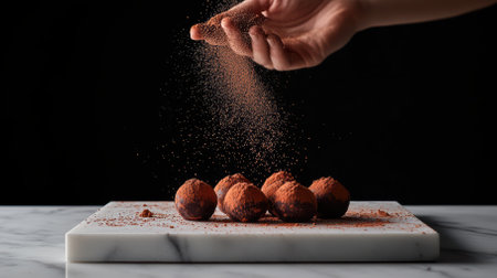 Hand sprinkles cocoa powder over a row of chocolate truffles on a marble slab, showcasing a gourmet dessert preparation against a dark backgroundの素材