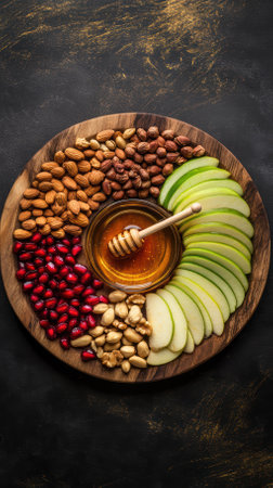 Beautifully arranged platter featuring sliced green apples, assorted nuts, pomegranate seeds, and a central bowl of honey with a dipper, set against a dark textured backgroundの素材