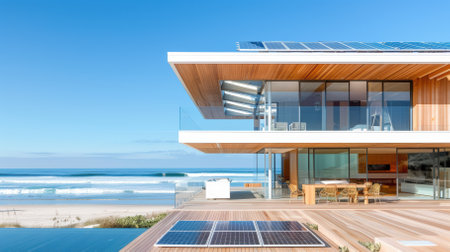 Modern beach house featuring solar panels reflects sunlight against a beautiful ocean backdrop, showcasing eco-friendly design and luxury living by the waves in perfect daylight.の写真素材