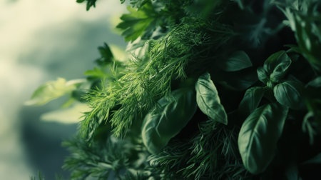 freshly tied bundles of basil, dill, and parsley, their rich green tones glowing under soft, diffused lighting.の写真素材