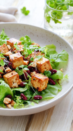 Grilled tofu cubes, red beans, fresh microgreens, and chopped nuts combine in a vibrant vegan salad, presented in a speckled bowl on a wooden table with water nearbyの写真素材