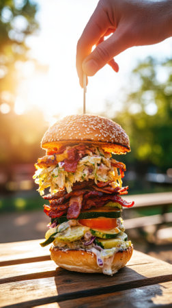 Hand placing a wooden pick on a tall gourmet burger stacked with bacon, vegetables, and sauce, outdoors on a wooden table with a blurred background of trees and sunlightの写真素材