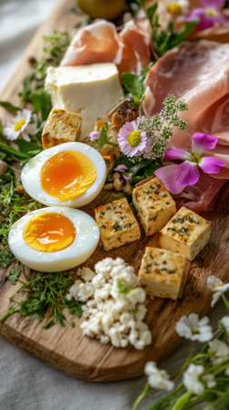 Vibrant gourmet platter featuring soft boiled eggs, fresh cheese, cured meats, and edible flowers on a wooden board, emphasizing healthy and colorful food presentationの写真素材