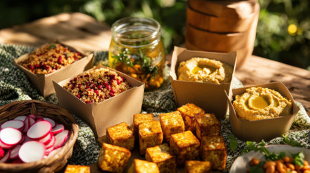 A vibrant assortment of plant-based proteins arranged in an artful, deconstructed picnic spread. Golden cubes of crispy tofu, jewel-toned red kidney beans, creamy hummus with a drizzle of olive oil, and fluffy quinoa are each presented in eco-friendly kraft paper boxes and jars.の写真素材