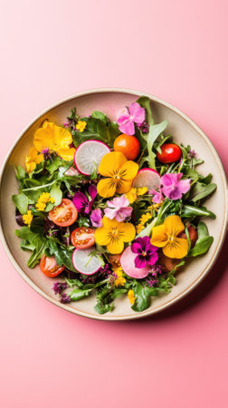 Fresh and vibrant edible flower salad with radishes, tomatoes, and various colorful pansies is served on a ceramic plate, creating a visually appealing healthy meal against a pink backdropの写真素材
