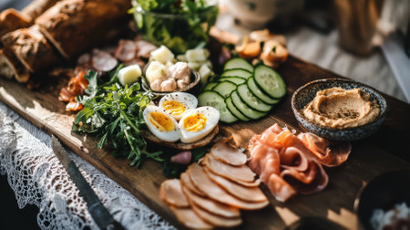 Beautifully arranged assortment of healthy foods including sliced meats, boiled eggs, fresh greens, and hummus on a rustic wooden board, perfect for a nutritious meal or gatheringの写真素材