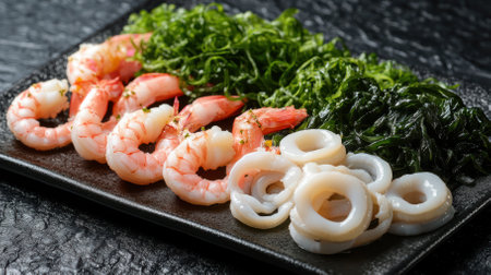 A deconstructed gourmet seafood salad featuring plump shrimp, tender calamari rings, and clusters of wakame seaweed, each ingredient artfully arranged in distinct sectionsの写真素材