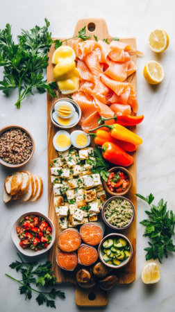 A protein-rich charcuterie board displayed with artistic precision: smoked salmon rosettes, marinated tofu slices, boiled eggs with a silky sheen, and quinoa salad served in small ceramic bowls.の写真素材