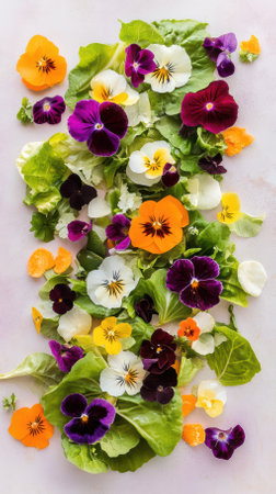 Verical composition light and colorful salad with fresh lettuce, sliced heirloom carrots, and an array of vibrant edible flowers scattered on top.の写真素材