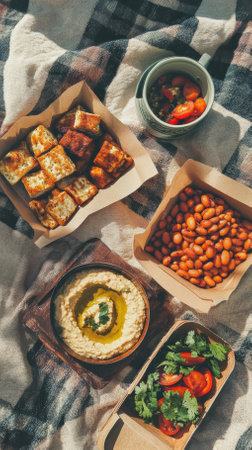 assorted plant-based protein snacks: hummus with a drizzle of olive oil, roasted red beans, crispy tofu cubes, and quinoa salad. Each item is served in kraft packaging or small wooden bowls, carefully placed on a textured picnic blanket.の写真素材