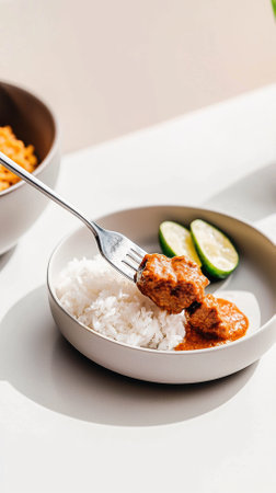 A close-up shot captures a fork lifting a succulent piece of rendang, glistening with savory sauce, beside a mound of rice and slices of lime, set on traditional tableware.の素材