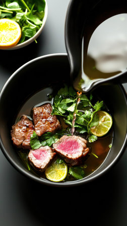 A ladle pours warm herbal broth over succulent pieces of Bak Kut Teh, garnished with fresh herbs and lime, set against traditional Malaysian side dishes for an inviting meal.の素材