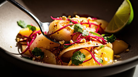 A spoon lifts a bite of Kerabu Mangga, showcasing julienned mango strands, thin chili slices, and crushed peanuts under soft natural light, with lime and salad in the background.の素材