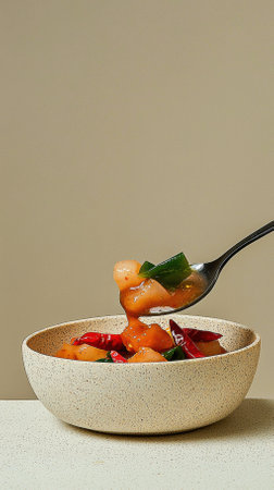 A ladle lifts a scoop of thick coconut-based sauce infused with chili and herbs, showcasing the essence of traditional Malay cuisine.の素材