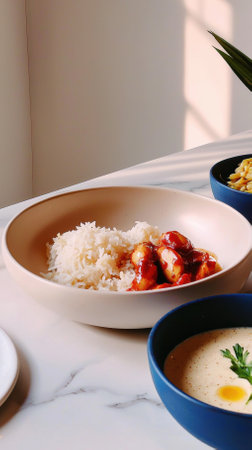 Spicy sambal sauce covers fluffy coconut rice in this close-up shot, offering a savory glimpse into a traditional Malay dish known for its flavors and textures.の素材