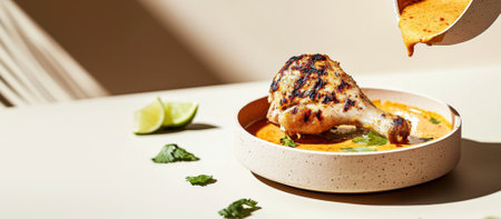 A piece of grilled Ayam Percik is dipped into a thick, vibrant coconut sauce. Fresh herbs and lime wedges surround the dish on a rustic wooden table, illuminated by natural light.の素材