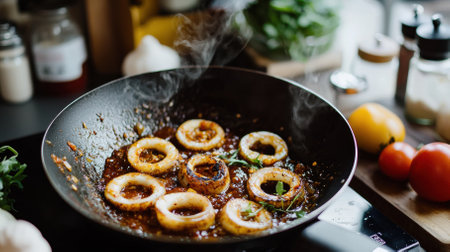 A wok sizzles with sambal sotong, showcasing tender squid rings in rich, spicy sauce. Steam rises as vibrant colors and textures come together in a warm, inviting kitchen.の素材