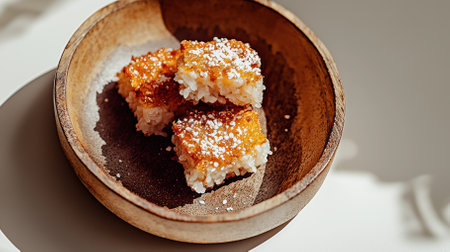 Detailed close-up captures the unique textures of lemang, a traditional Malaysian dish highlighting its golden-brown crust and glistening glutinous rice on a rustic plate.の素材
