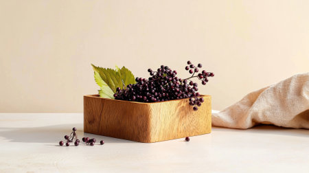 Fresh elderberries gleam in a rustic wooden bowl, accented by green leaves. Scattered berries add charm, surrounded by soft natural light and a blurred, earthy background.の素材