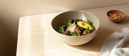 Vibrant salad showcases mixed greens, creamy avocado, and toasted pili nuts in a handcrafted ceramic bowl. Natural light highlights the texture and freshness, creating an inviting atmosphere.の素材