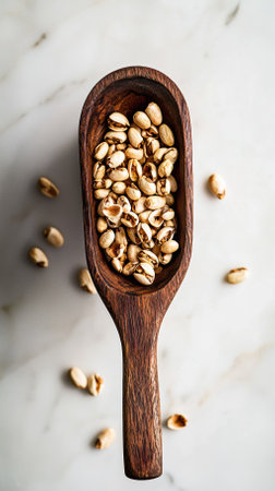 A wooden scoop filled with raw fonio grains captures soft daylight, highlighting their natural earthy texture against a blurred rustic kitchen backdrop that adds warmth to the setting.の素材