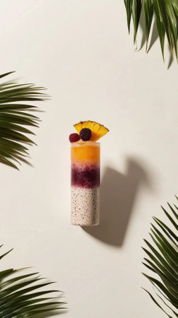 A vibrant Bahama Mama cocktail showcases layers of pineapple, orange, and grenadine in a stylish glass. Surrounded by palm leaves, this tropical drink radiates warmth and freshness.の素材